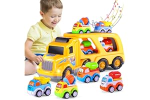 iHaHa Toy Trucks Car for 1 2 3 4 5 Year Old Toddlers Boys, 5 in 1 Carrier Truck Car Construction Vehicles Toys for Kids Boys Girls Toddlers Birthday Gifts, Car Trucks Boys Toys with Light Sound