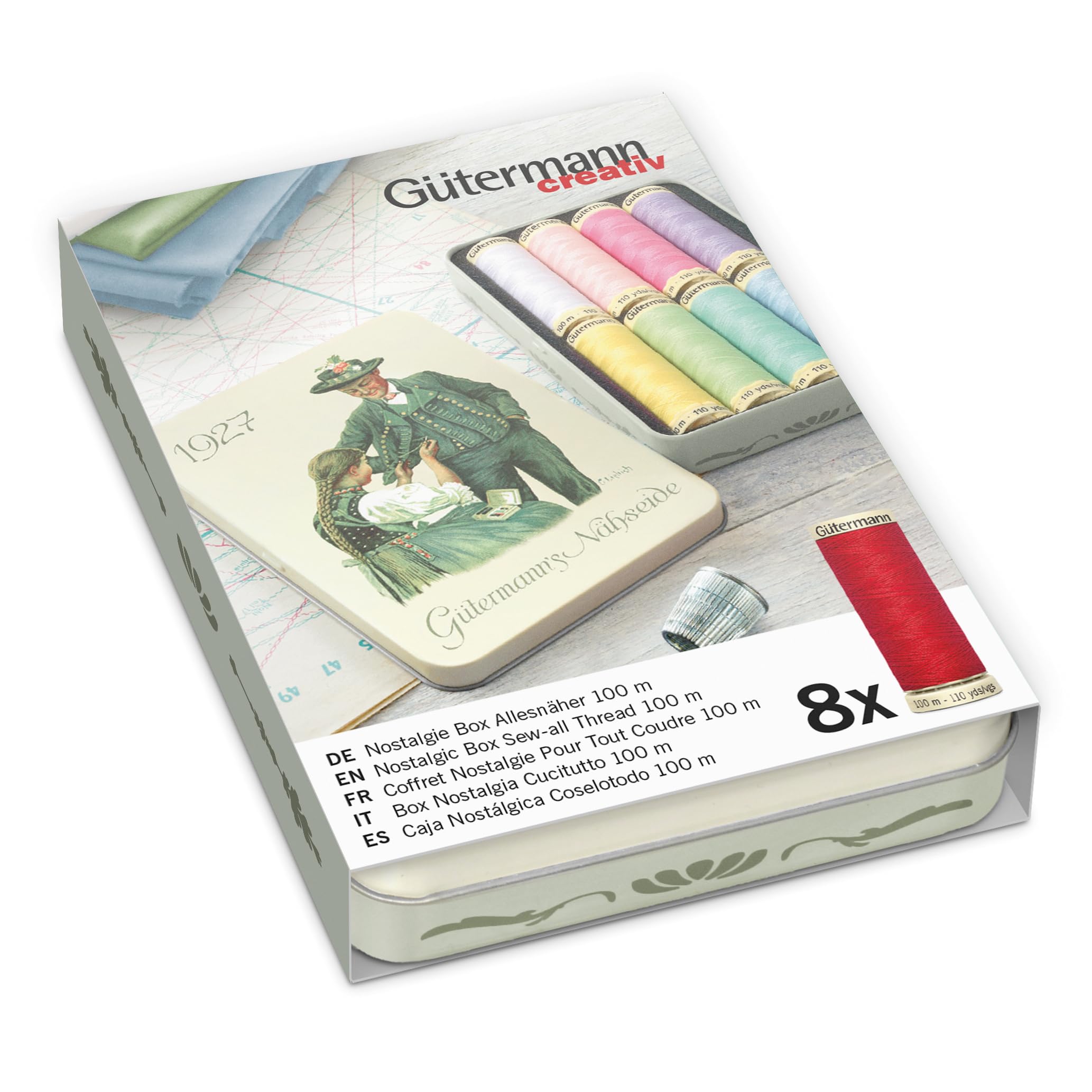 Gütermann creativ Nostalgic Box containing 8 spools of Sew-All Thread in Pastel Colours