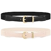 WHIPPY 2 Pack Women Skinny Elastic Belt Fashion Gold Buckle Stretchy Thin Waist Belts for Dresses