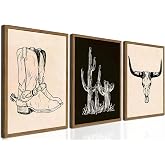 Vintage Western Wall Art Set of 3, Southwestern Cowboy Wall Decor Paintings, Black and White Longhorn Bull Skull Canvas Prints for Bedroom Living Room 12x16 inch Wood Framed