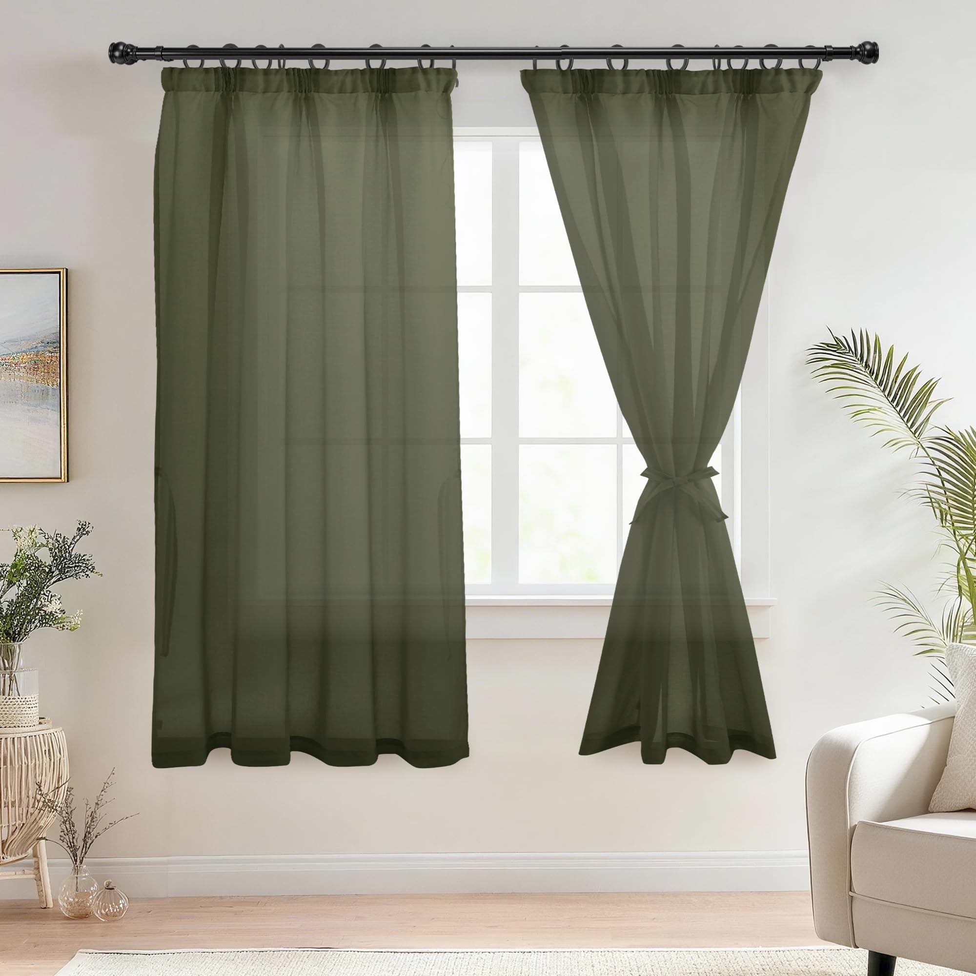 DWCN Pencil Pleat Curtain Voile with Tiebacks Net Curtains Linen Look Sheer Curtains Christmas Decorations 2 Panels, Olive Green, W55 x L69 Inch