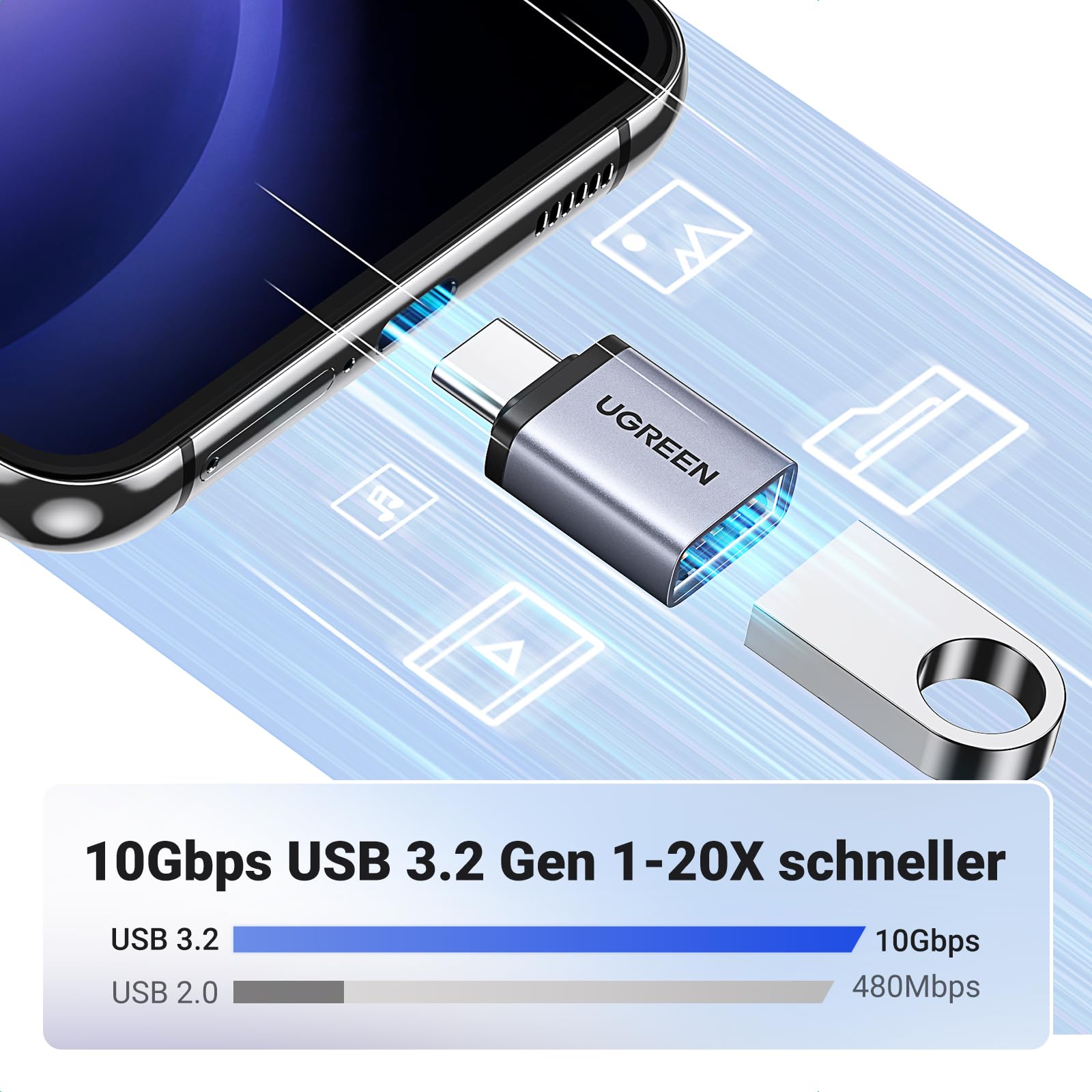 UGREEN USB C auf USB 3.2 Adapter 10Gbps OTG 2 Stück USB C Stecker auf A Buchse Adapter Kompatibel mit iPhone 17/16 Series MacBook Neo Pro Air iMac Galaxy Tab S9 S24 (Grau) 3