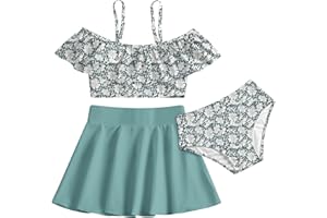 RAISEVERN 5-12Y Girls Bathing Suits 3 Piece Bikini Set Ruffle Top Swimsuit Cover Skirt