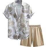 GORGLITTER Men's 2 Piece Cruise Outfits 2026 Tropical Print Short Sleeve Button Down Hawaiian Shirt and Matching Shorts Sets