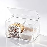 Dealpoli Clear Acrylic Cotton Swab Ball Holder Qtip Organizer with Lid 2-Grid Canister for Make Up Pads, Floss Picks, Vanity Storage,Bath Salts, Cosmetics, Home Bathroom Decor (DP004)