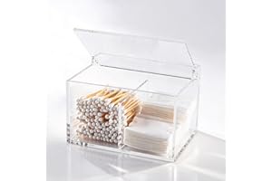 Dealpoli Clear Acrylic Cotton Swab Ball Holder Qtip Organizer with Lid 2-Grid Canister for Make Up Pads, Floss Picks, Vanity Storage,Bath Salts, Cosmetics, Home Bathroom Decor (DP004)
