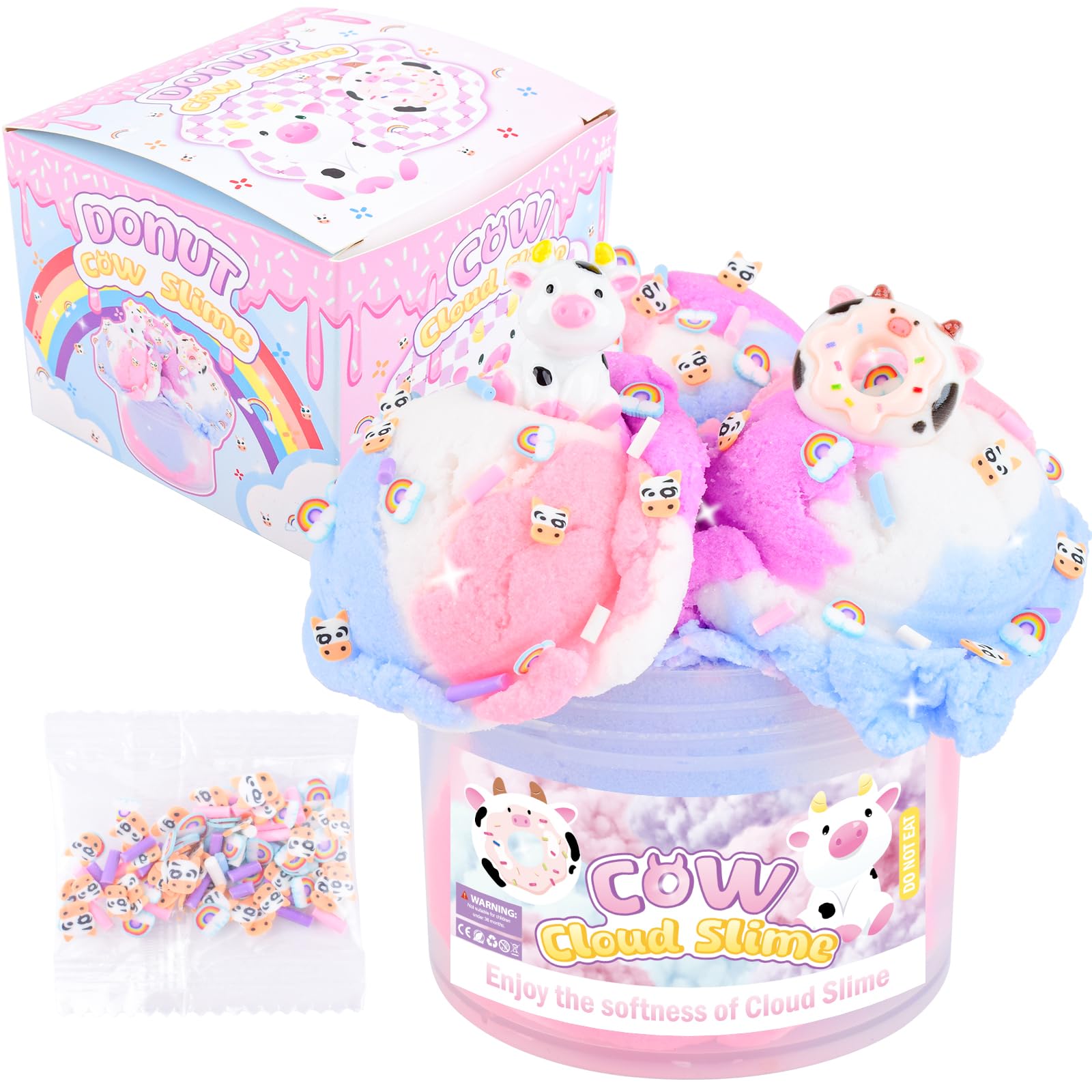 Cow Cloud Slime, Scented Slime Party Favors for Girls and Boys, with Cute Donut Cow Charms and Rainbow Cloud Add-ins, Birthday Gift for Kids 4-12, Super Soft Sludge Toy
