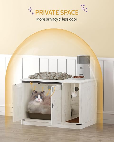 HZUANERI CAT LITTER BOX ENCLOSURE, HIDDEN LITTER BOX CABINET FURNITURE WITH BELL, INDOOR CATS HOUSE, FARMHOUSE STYLE, 31.5 X 19.7 X 20.9INCHES, FOR HALLWAY, BEDROOM, WHITE CB82414B