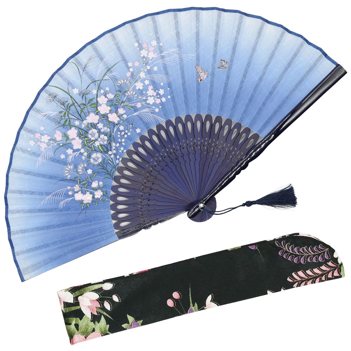 OMyTea "Grassflower Folding Hand Held Fan for Women - Chinese/Japanese Vintage Retro Style - With a Fabric Sleeve for Protection (Blue)
