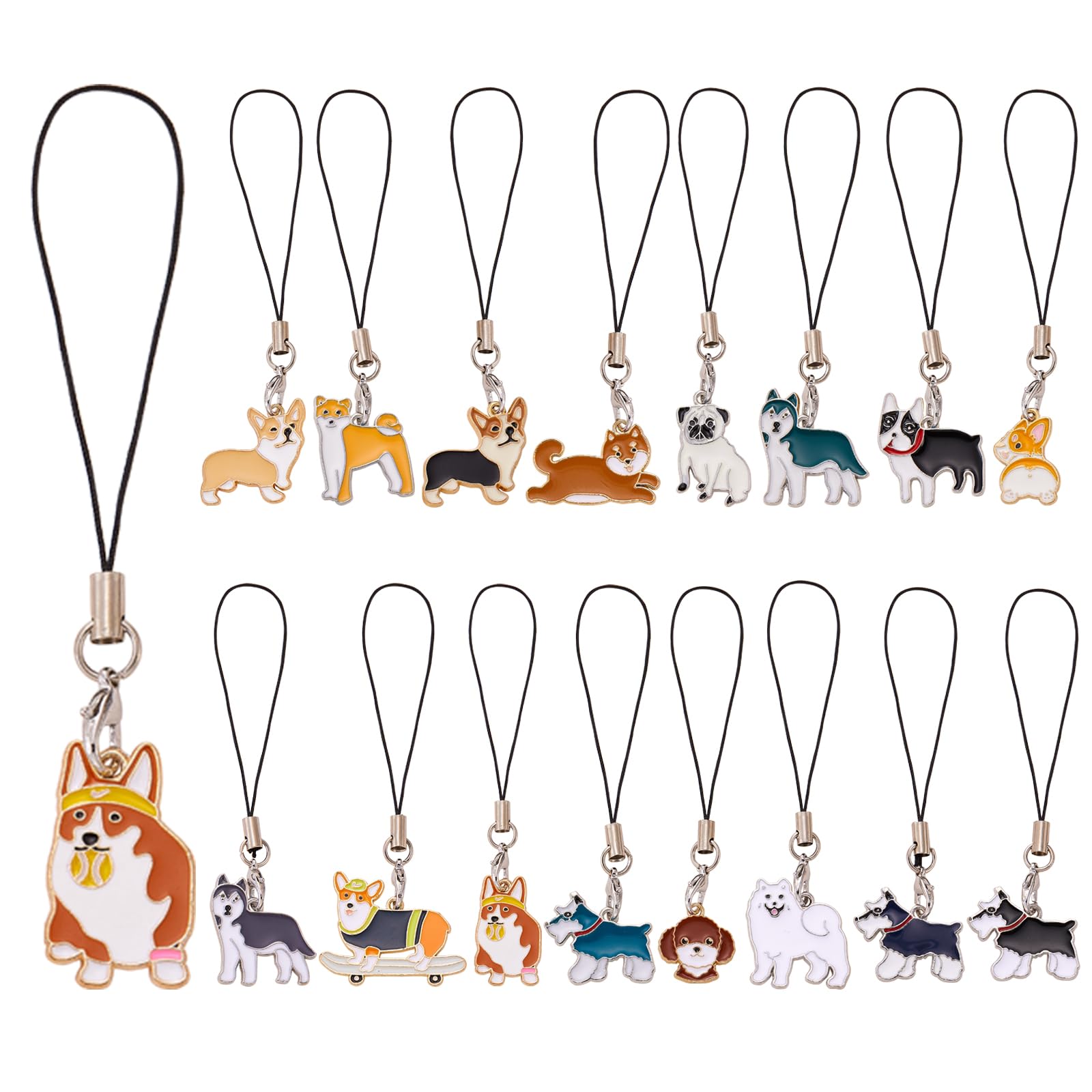 BEEFLYING 16 Pcs Kawaii Cell Phone Charms - Mobile Strap Hanging Pendants for Jewelry Making, Wallet, Keychain, Pendant Accessories (Dog)