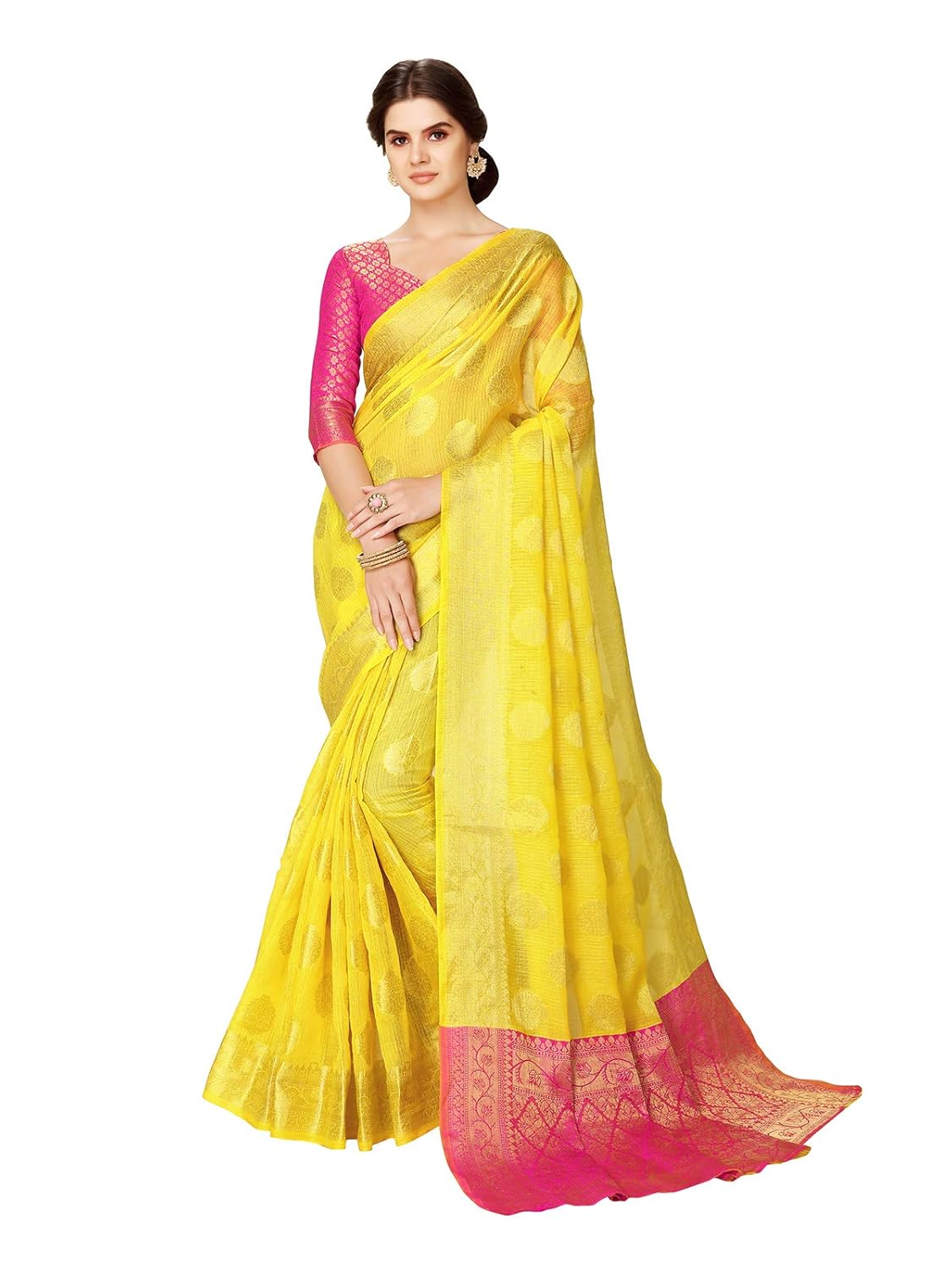 glory sarees women's maheshwari silk fabric (maheshwarisilk104_yellow_pink)