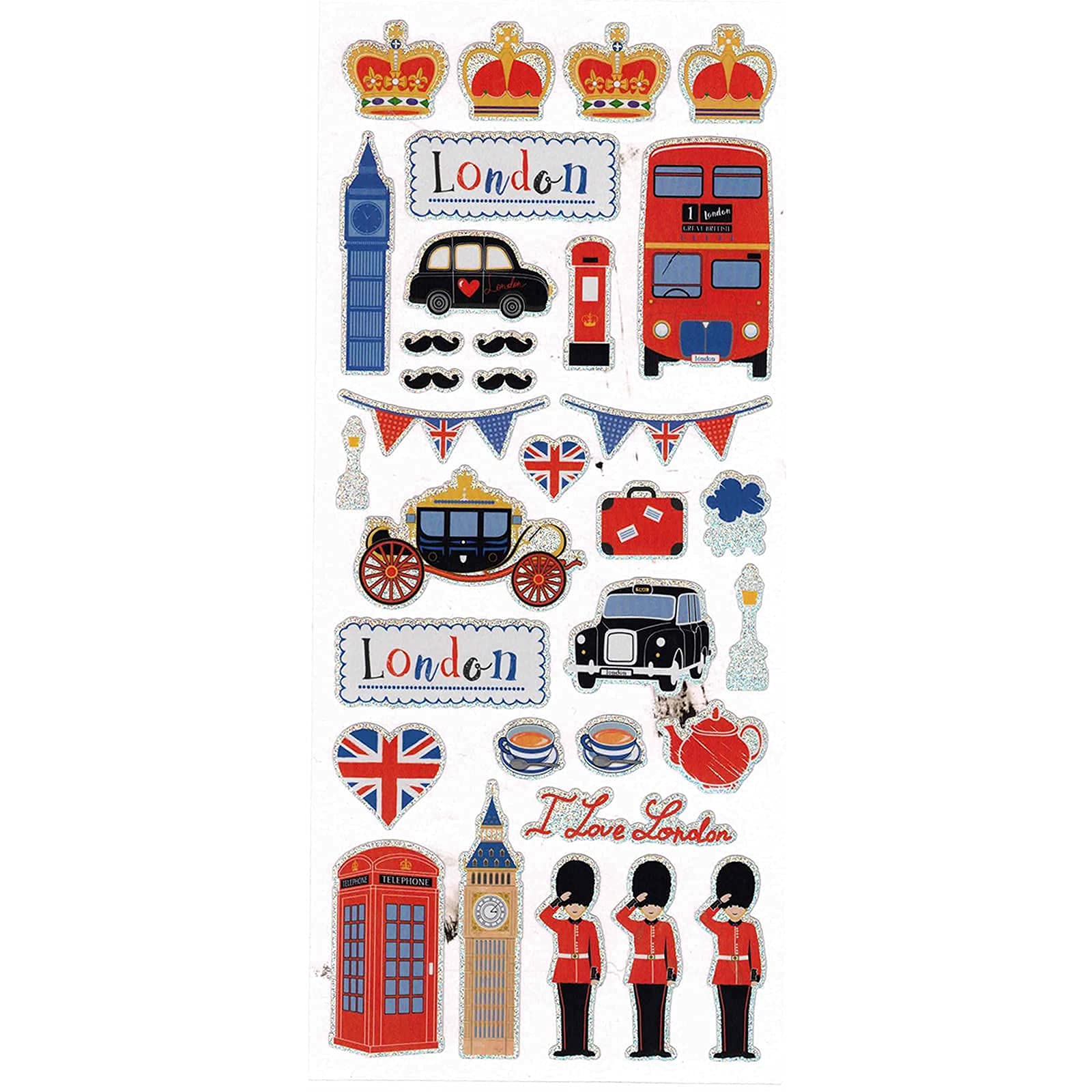 London Fancy Icons Sticker Set - Big Ben, Crowns, Gold State Coach Carriage, Royal Guard, British Moustaches, English Tea Cups and Kettle, Union Jack Heart, Bus, Taxi, Telephone Booth, Post Box, Rain