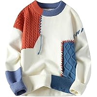 GURUNVANI Patchwork Sweater Mens Colorblock Jumper Cable Knitted