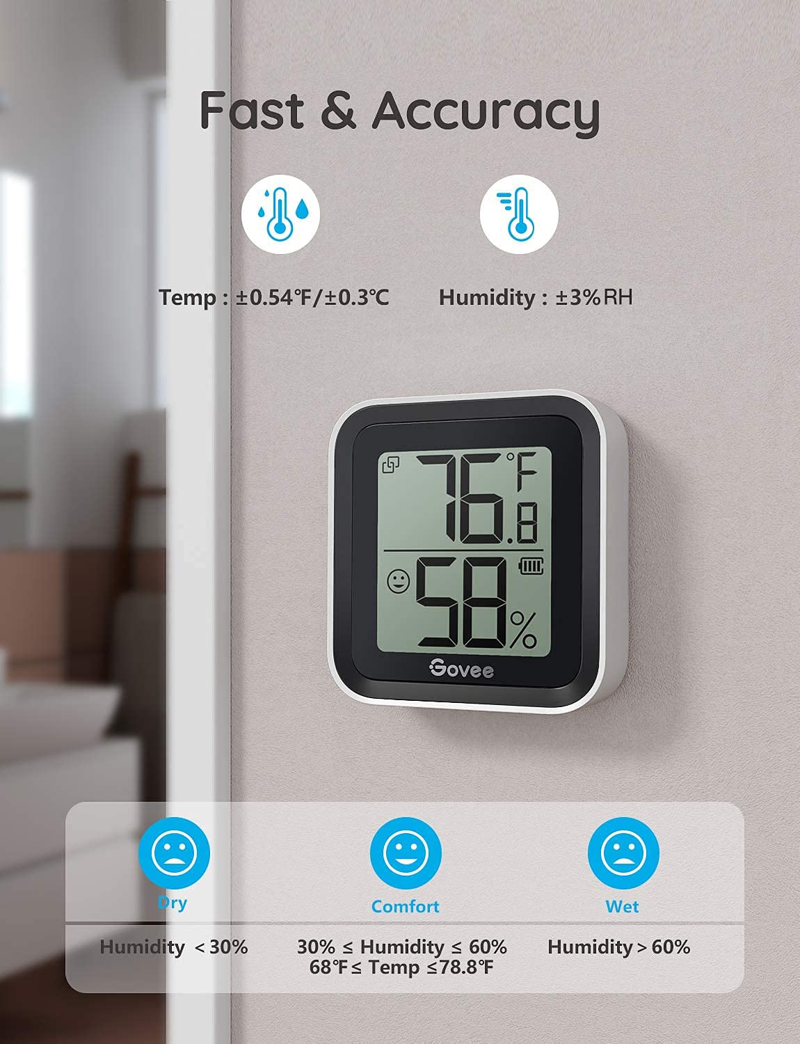 Govee Bluetooth Thermometer Hygrometer Digital Temperature Humidity Monitor for Home, Wireless Temperature Humidity Sensor for Greenhouse, Humidor, Room, Notification Alert, 2-Year Data Storage