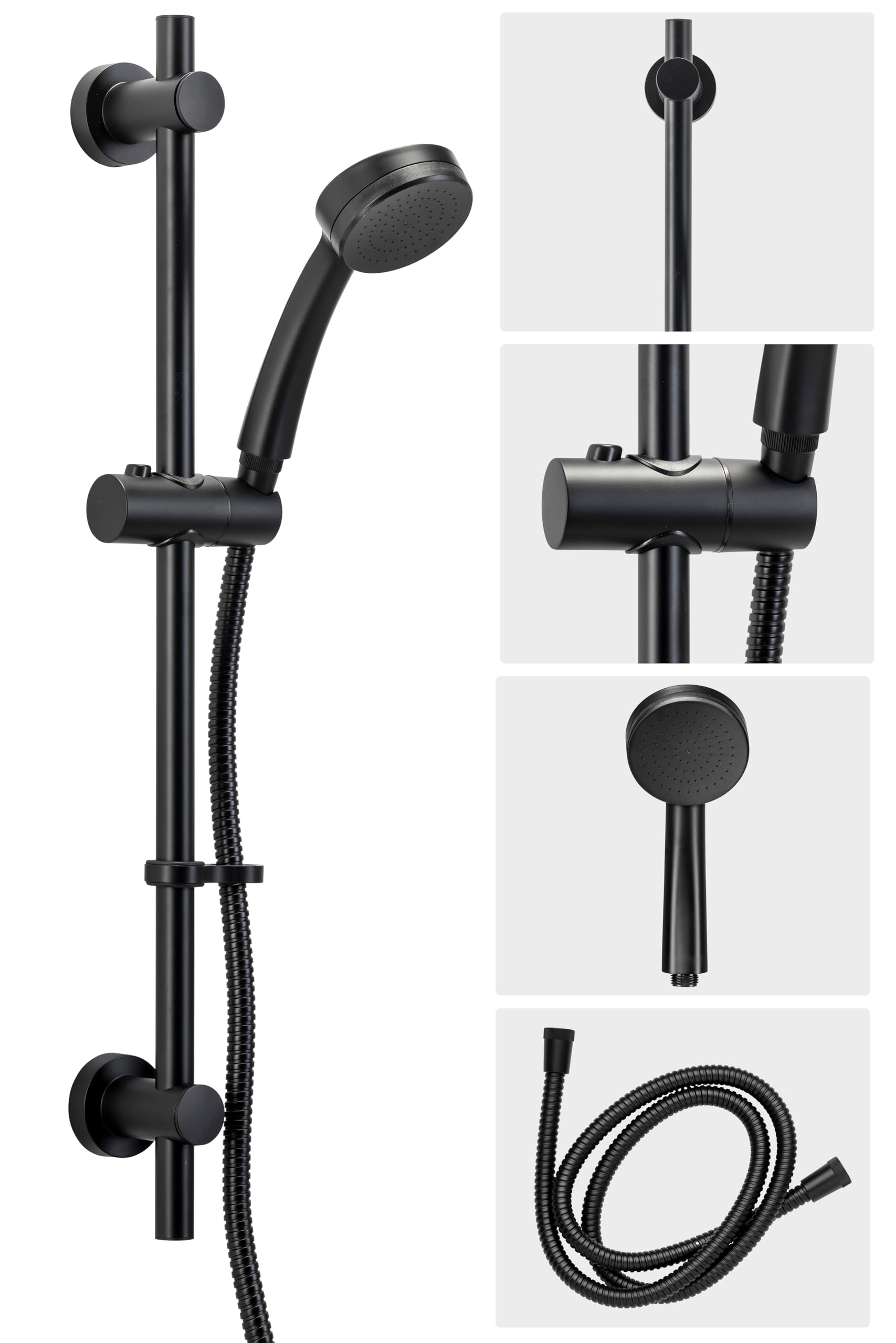 Croydex Presion Matte Black Shower Riser Rail Kit - 68cm Riser Rail, Pressure Boosting Shower Head, 1.5m Stainless Steel Hose and Adjustable Handset Holder, with Flexi-Fix Wall Brackets (Matte Black)