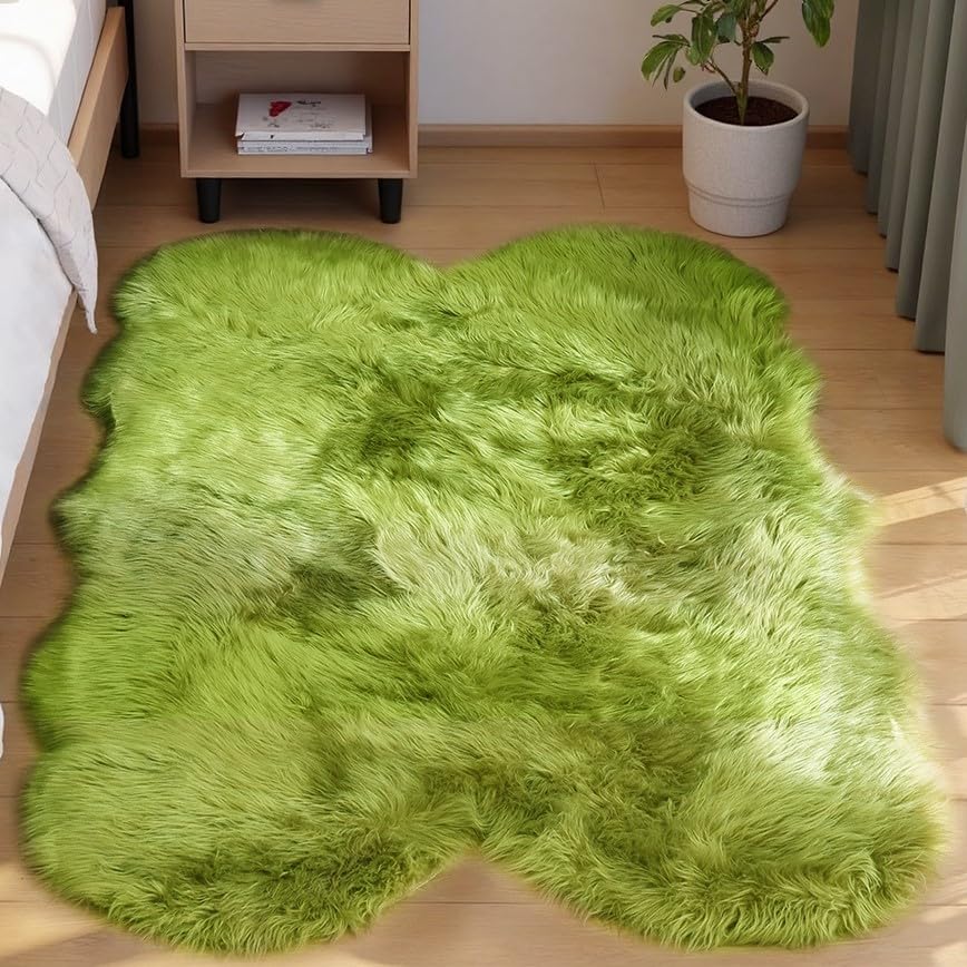 Photo 1 of Goolela Fluffy Sheepskin Green Rugs 4x6 for Bedroom Shag Soft Faux Fur Rug Furry Bedside Rug Shaggy Fuzzy Carpet Playroom Washable Sheepskin