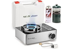 Dual Fuel Camp Stove with Butane and Propane Compatibility, 12000 BTU Portable Gas Stove with Case, Adapter Hose, Wind Guard,