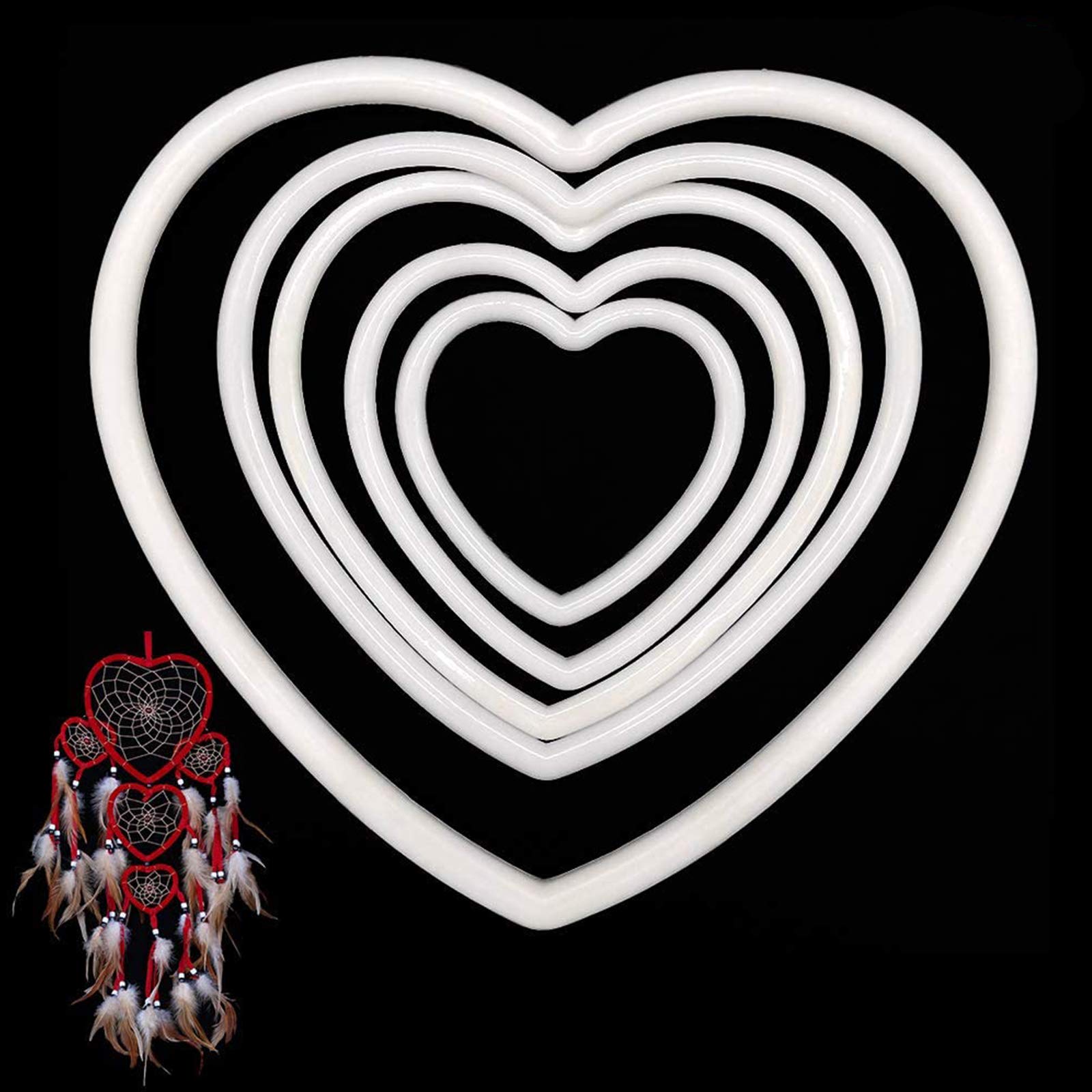 EQLEF 10 pcs Dream Catcher Hoop Plastic, White Heart Shape Macrame Ring for DIY Crafting-5 sizes