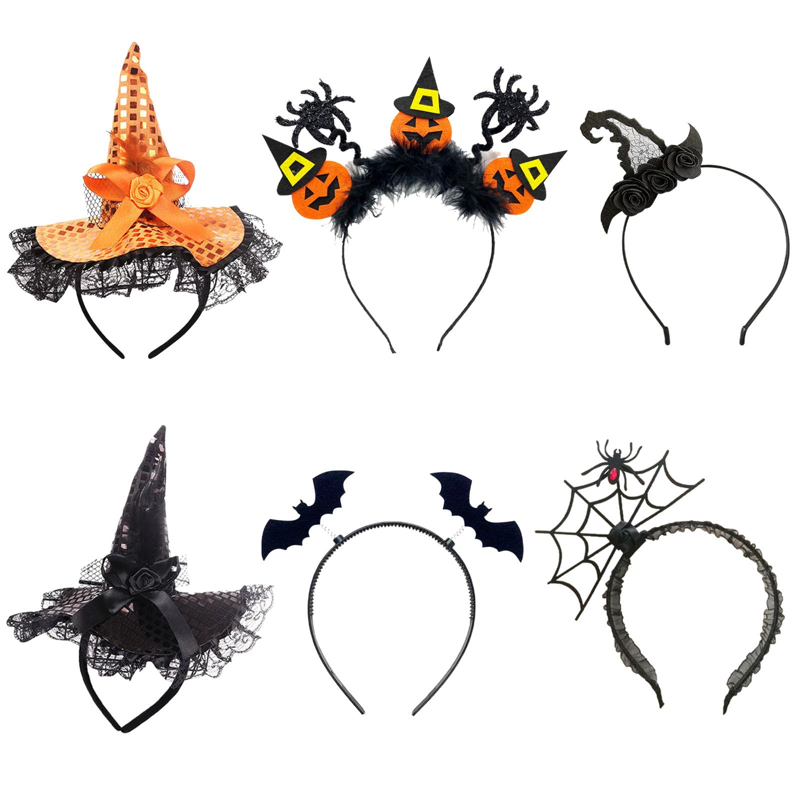 Winmany 6 Pcs Halloween Headbands Pumpkin Spider Web Hat Bat Witch Headband Trick or Treating Headpiece Costume Accessories for Women Adult Halloween Party Cosplay Decoration