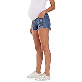V VOCNI Maternity Jean Shorts Women's Maternity Indigo Blue Mom Tassel Secret Underbelly Denim Shorts
