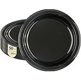 HiEnjoin 50 PCS Black Plastic Plates, 9Inch Disposable Party Plates Solid Color Dinner Plates for BBQ Picnic Wedding Birthday Party Supplies (Black, 9 Inch)