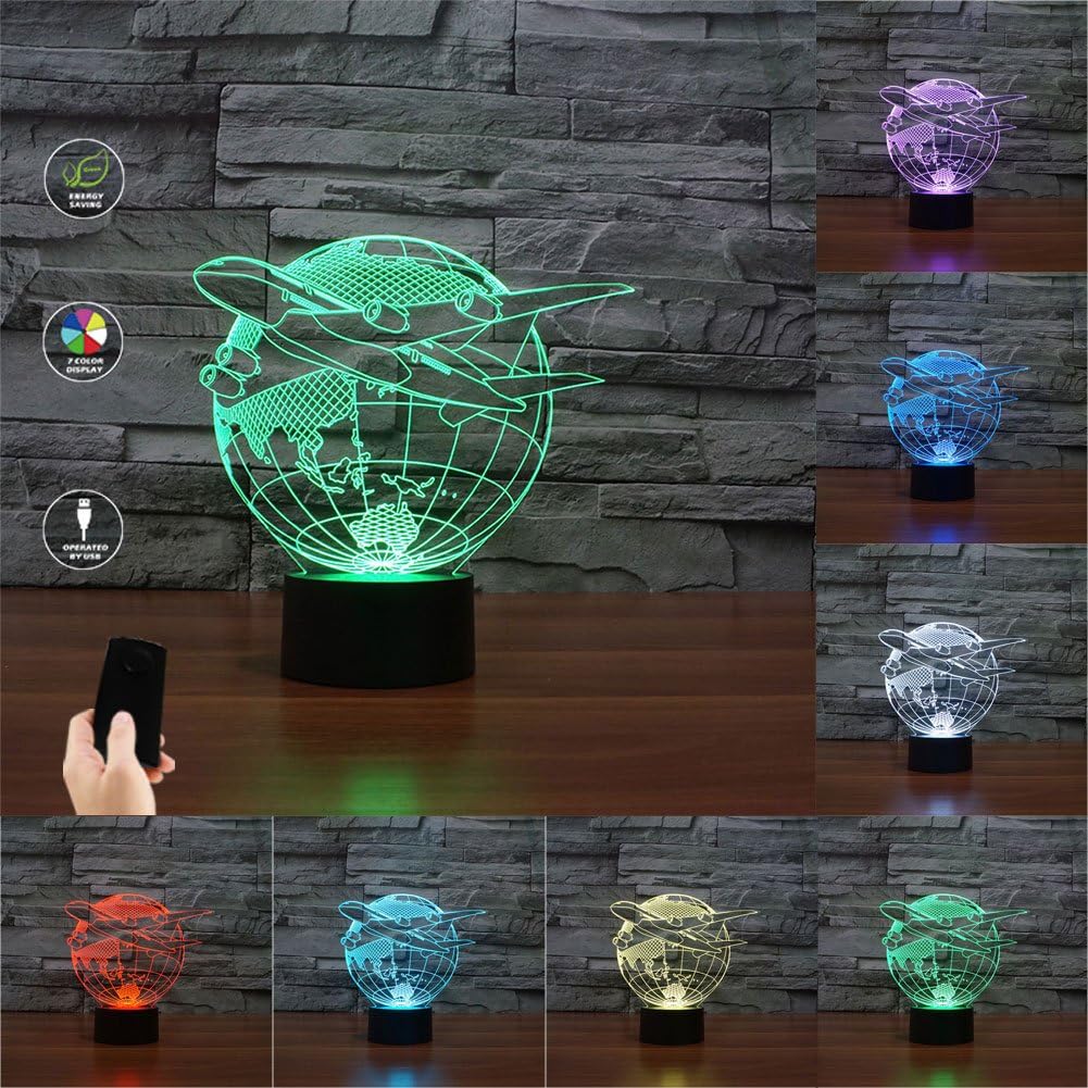 3D Illusion Airplane Fly Out of Earth Shaped Soft Multi-Colored Change LED Table Desk Night Light for Home Bedroom Decorations USB Powered or Battery Powered (Fly Out Airplane)