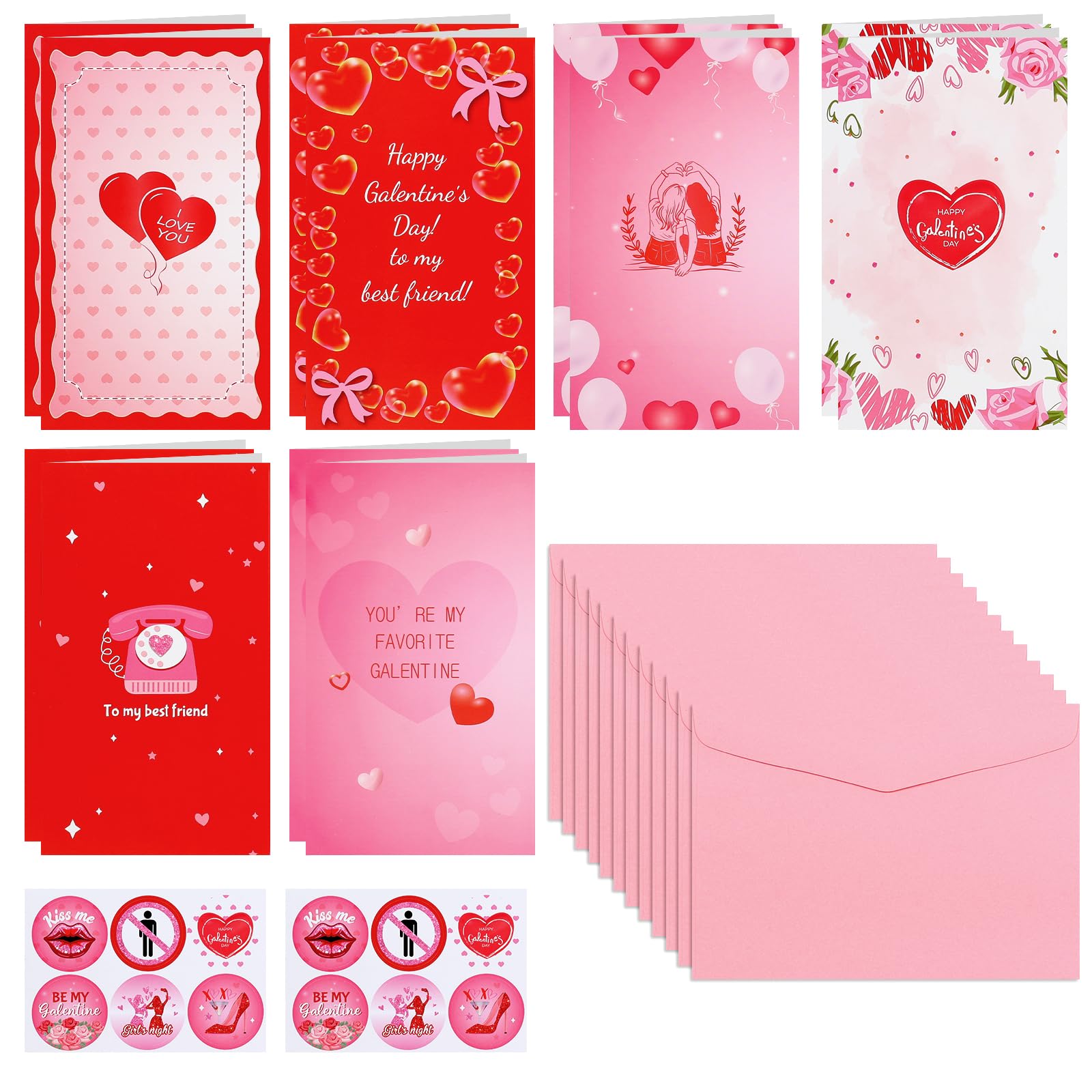 Photo 1 of 12 Pack Galentines Day Cards with Envelopes and Stickers Galentine's Cards Bulk Foldable Love Heart Greeting Cards for Happy Galentines Day Party Supplies