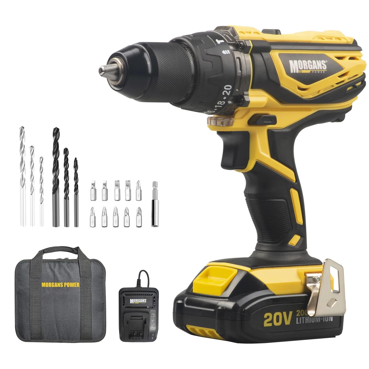 Morgans Power 20V Cordless Drill Driver Set, 2-Speed Electric Screwdriver with LED Light, 13mm Keyless Chuck, Variable Speed Trigger, Li-ion Battery, Charger, Bits and Carry Case