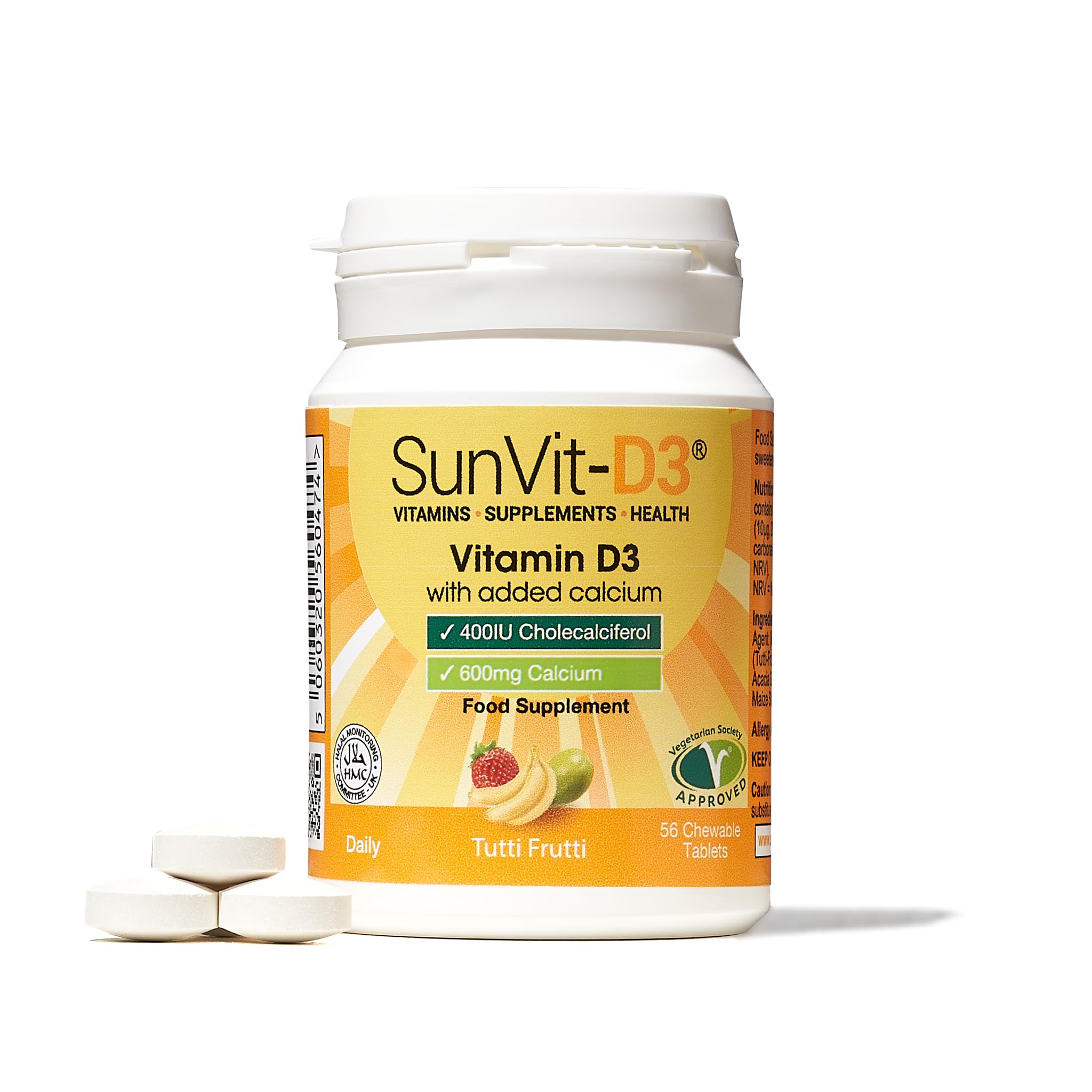 SunVit-D3 Vitamin D3 400IU with Added 600mg Calcium Tutti Frutti Tablets -Supports The Maintenance of Bone, Teeth, Muscle & Immune System - 56 Chewable Tablets