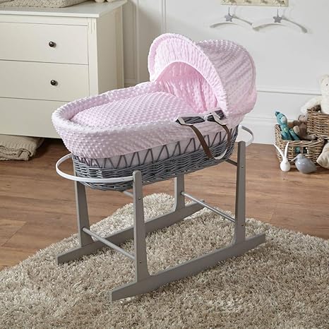grey and pink wicker moses basket