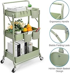 Foldable 3 Tier Rolling Cart, Metal Utility
