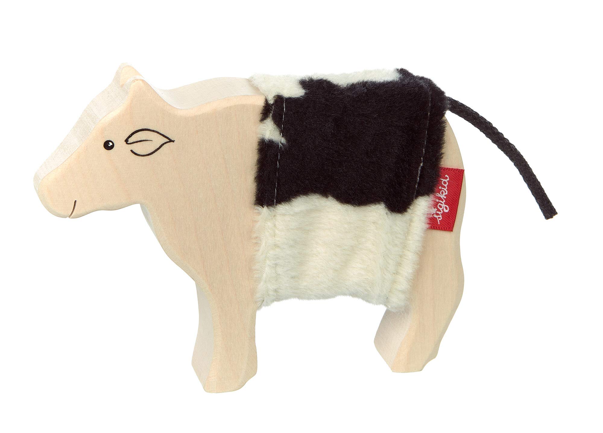 Sigikid 39509 Wooden Animal Cow Cudly Wudly Girls and Boys Baby Toy Recommended from 3 Years Natural/Black/White