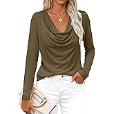 PRETTYGARDEN Womens Spring Tops 2026 Dressy Cowl Neck Long Sleeve Shirts Loose Business Casual Blouses Teacher Tunic Top(Army Green,Small)