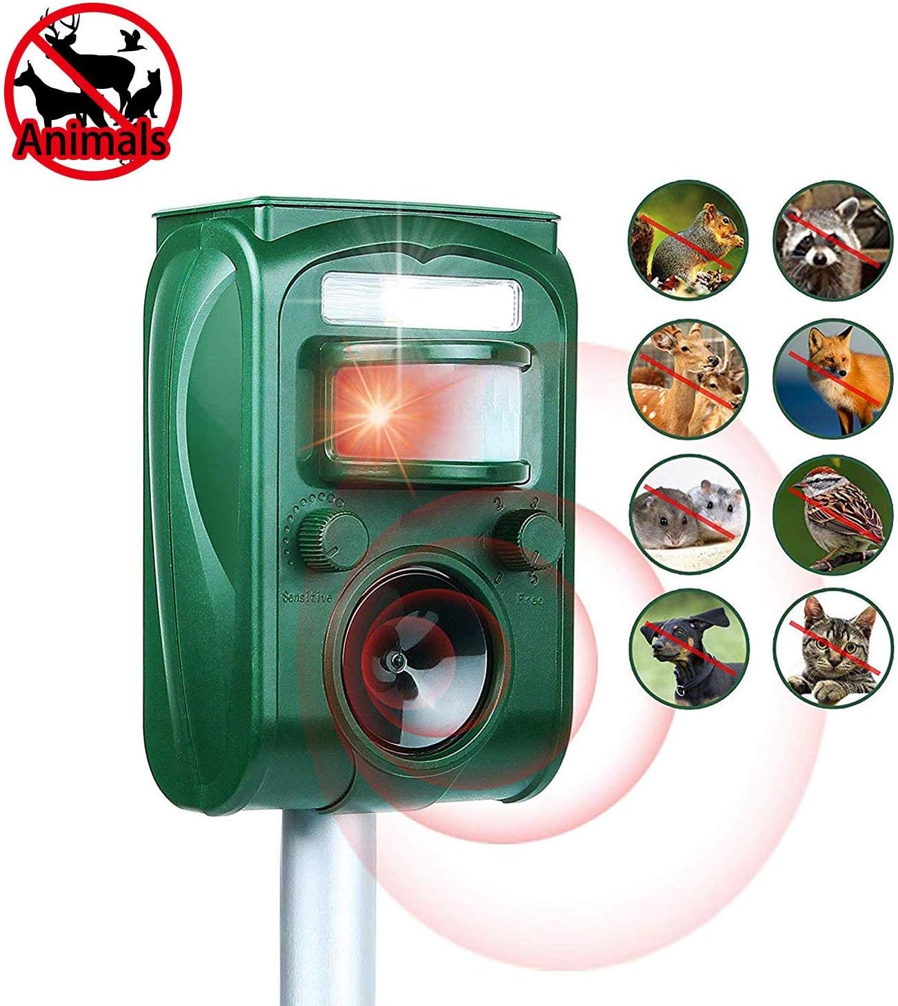 Ofimon Solar Animal Repeller, Ultrasonic Animal Repellent with Motion Sensor and Flashing Light, Outdoor Weatherproof Repeller Repels Dogs, Cats, Deer, Squirrels, Foxes, Raccoons, Rabbits, Birds