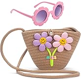 LJCTULY Little Girls Purse for Toddler, Kids Crossbody Bag with Sunglasses, Flower Girl Purse Woven Handbag