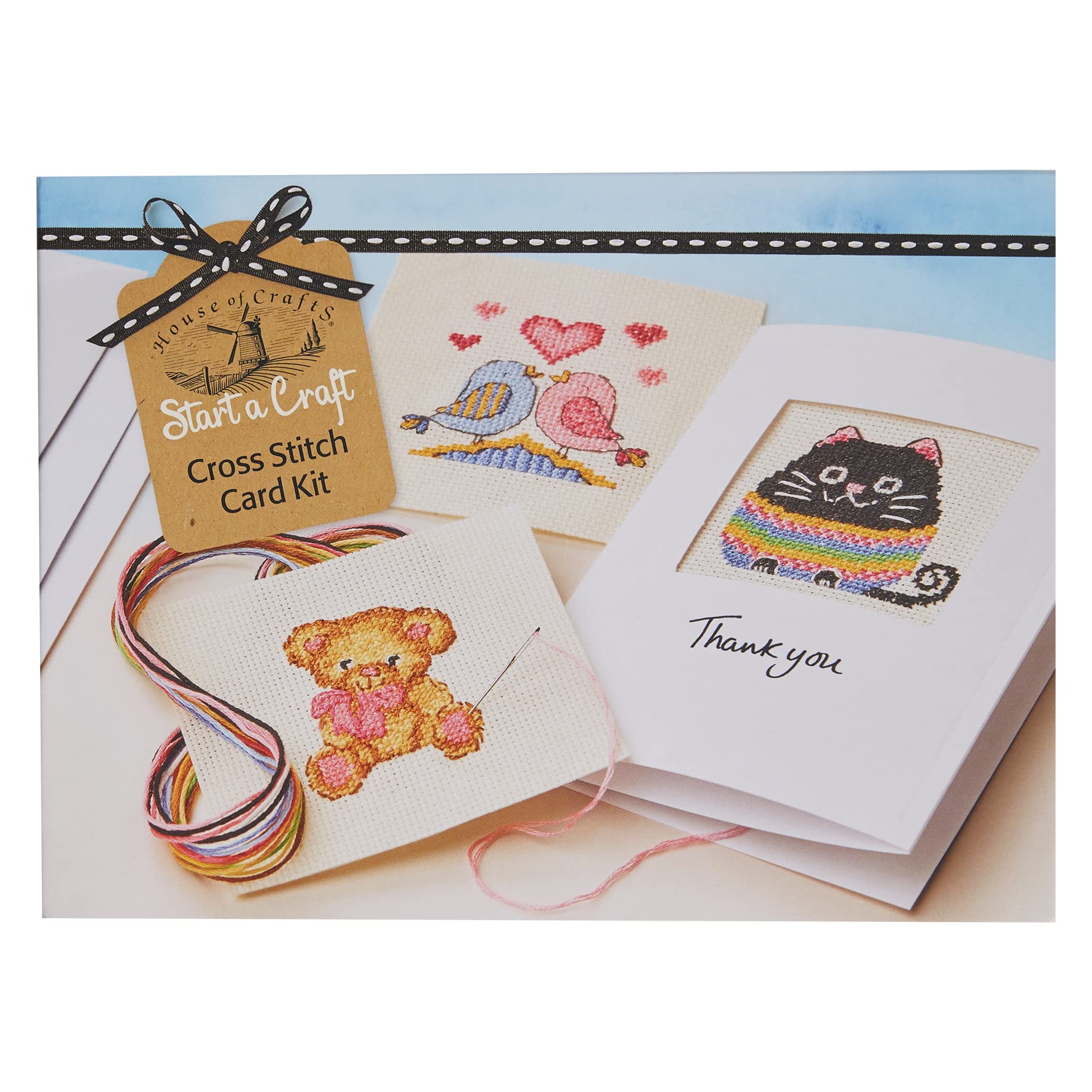 House Of Crafts Cross Stitch Card, Single Craft Kit, Multicoloured, Start A Craft Set Includes Cream Aida Fabric, 12 x Embroidery Cotton, Tapestry Needle, 3 Greeting Cards/Envelopes, Charts