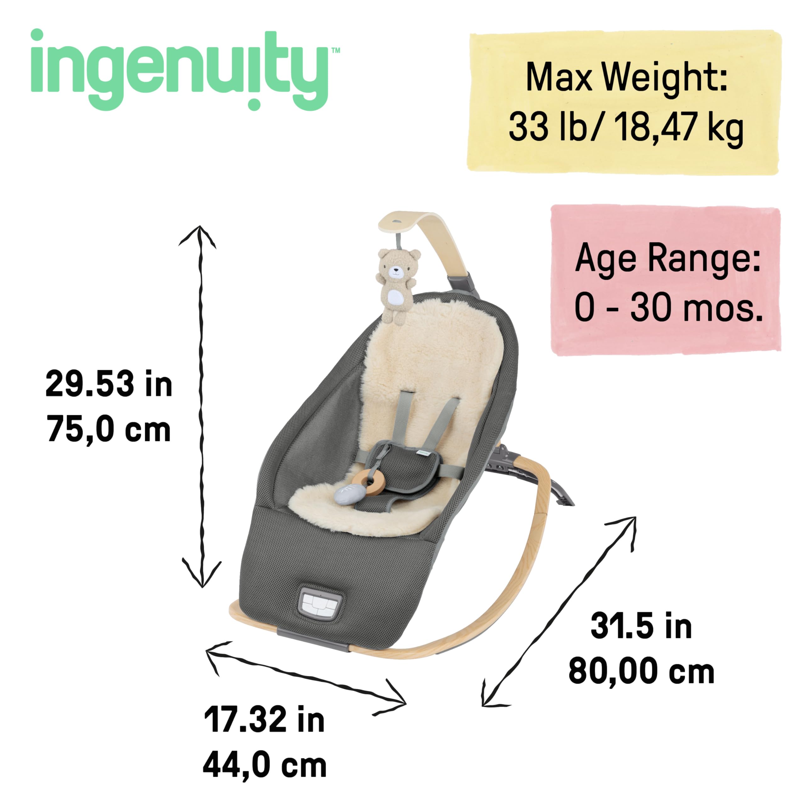 Ingenuity Every Season 2-in-1 Baby Rocker & Seat - Cooling and Warming Fabrics, Detachable Sustainable Wooden Activity Bar, Music, Vibration, for Ages 0-30 Months, Wesley (Grey)