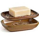 Miamolo Soap Dish with Draining, Bar Soap Holder Keeping Soap Bars Dry | 2-tier Tray Catch Drips, Mess-Free, Non-Slip Base | for Shower Bathroom Bathtub | Sponge Holder Kitchen Sink | Gift, Brown