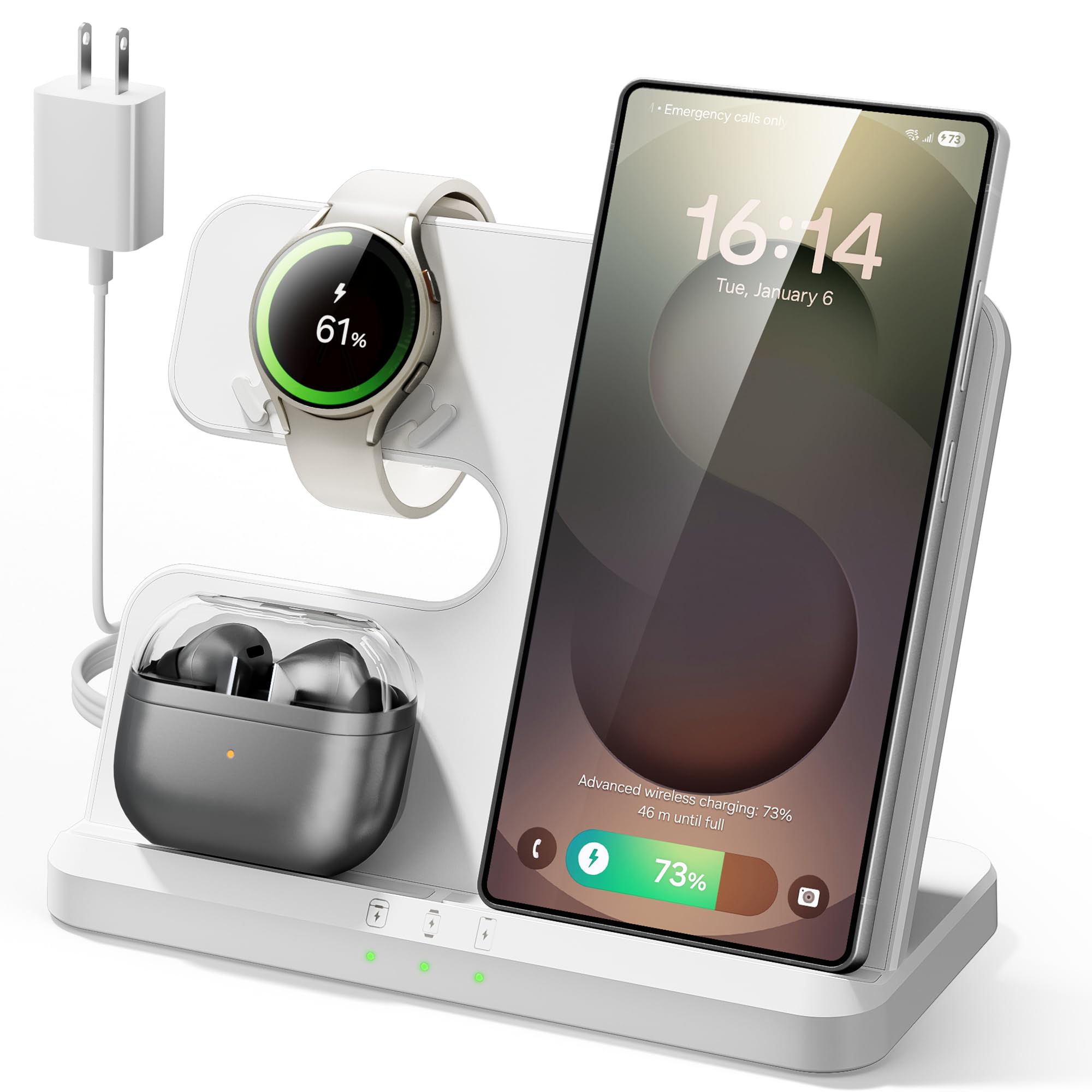 Wireless Charging Station for Samsung, 3 in 1 Charger Stand for Galaxy S25 Ultra/S24/S23/Z Fold, Phone and Watch Charging Dock for Samsung Watch Galaxy 8/7/6/5, Galaxy Buds 3/2/Pro