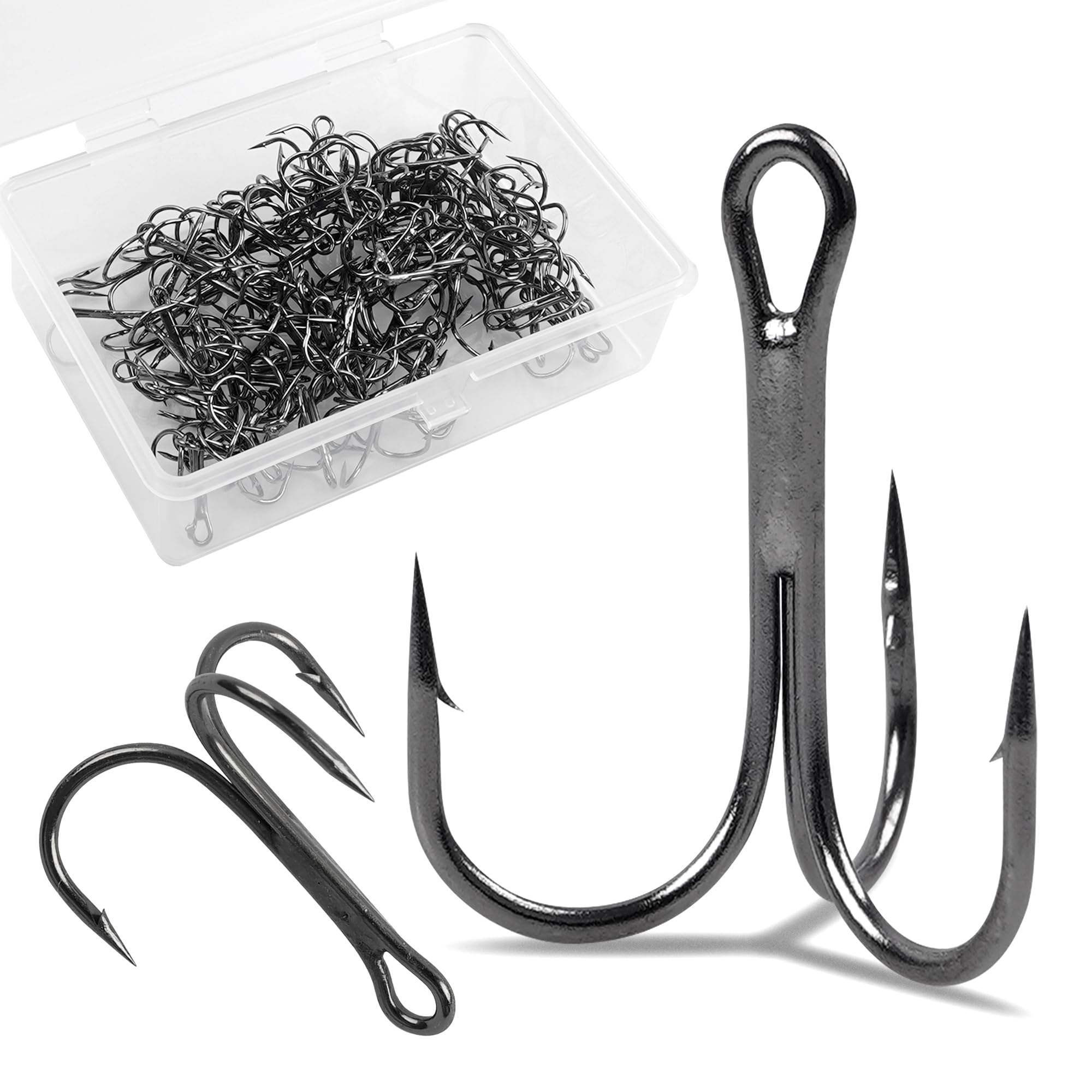 Treble Fishing Hooks,100pcs High Carbon Steel Sharp Triple Hook Strong Round Bend Treble Hooks Barbed Hard Lure Spoon Fish Hook for Bass Trout Freshwater Saltwater Fishing,Size: 2#-14# (8#_100pcs) — image 1