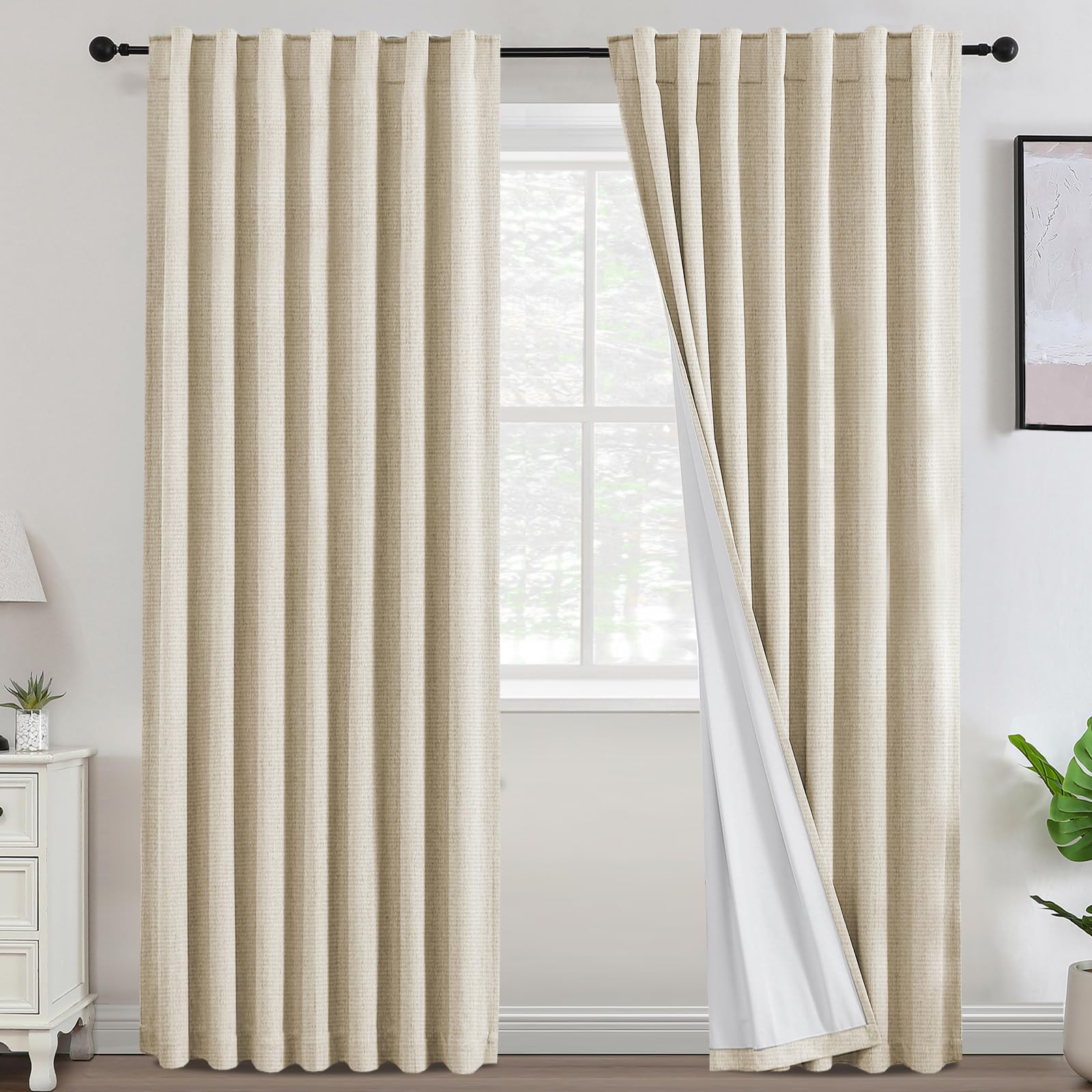 Photo 1 of 100% Blackout Curtains Chenille Linen Textured Living Room Curtain 96 Inch Length Insulated Thermal Curtain for Summer Heat Nursery Curtains for Bedroom Neutral Rustic, Bleached Sand(Not Solid)