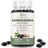 Organic Ashwagandha Supplement 2100mg for Stress &amp; Mood Support, 150 Count | Ashwagandha Root Extract Mini Softgels with Black Pepper, Standardized 2.5% Withanolides, Non-GMO, Gluten-Free
