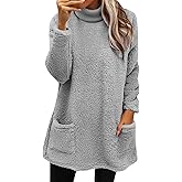 Cozy Sweaters for Women Sherpa Long Sleeve Mock Neck Tops Turtleneck Fleece Tunic Sweater with Pockets Loungewear