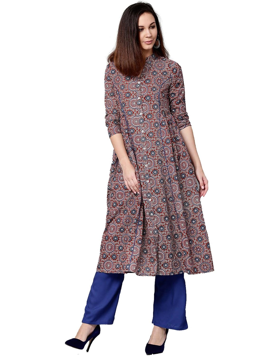 jaipur kurti women maroon & blue geometric straight cotton kurta with palazzo