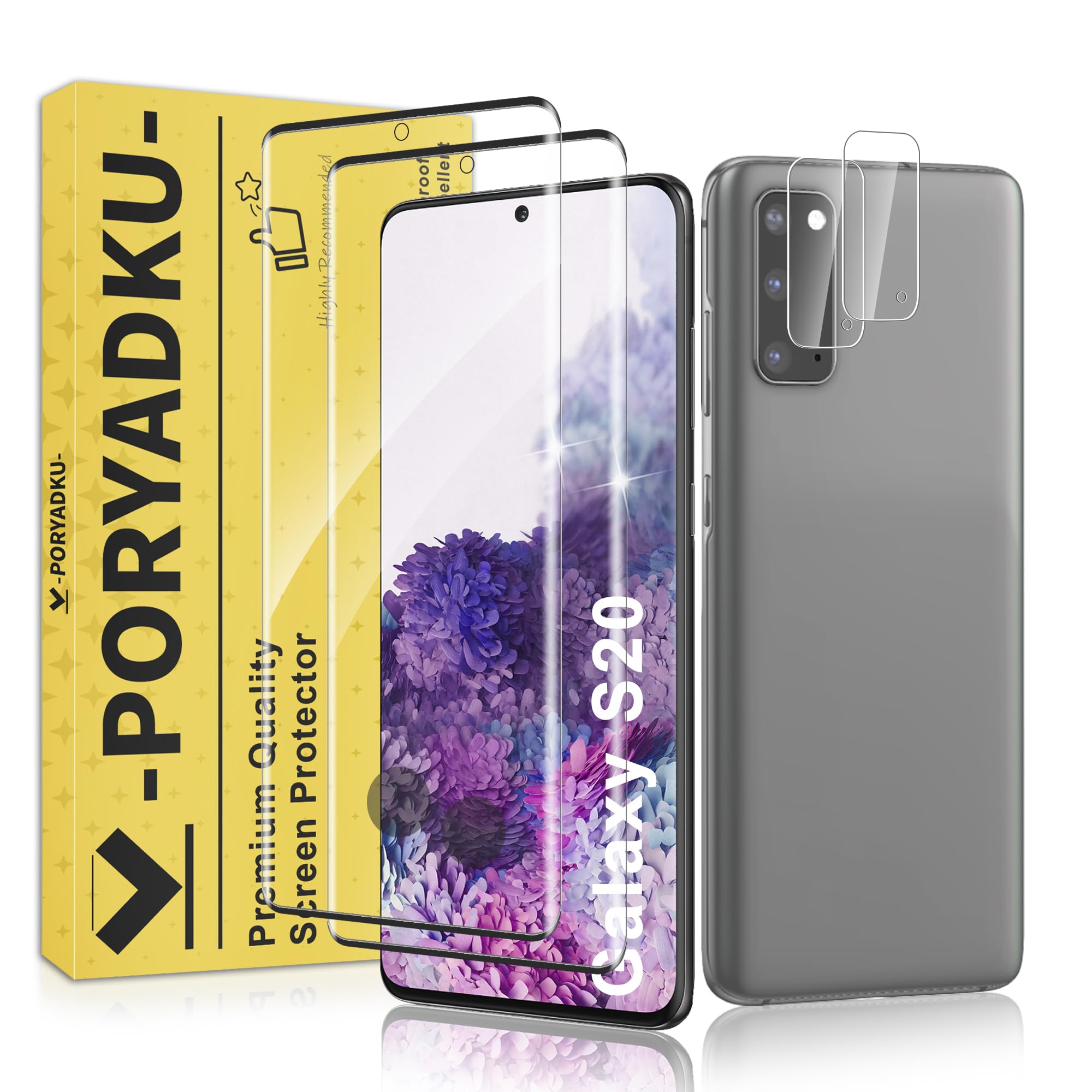 JavoYion 2+2 Pack for Samsung Galaxy S20 Screen Protector and Camera Protector, Fingerprint Support, Bubble-Free, Case Friendly, 9H Hardness Clear Glass for Galaxy S20 5G