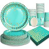 Gudvilla 200PCS Teal Plates and Napkins Party Supplies,Teal Paper Plates with Golden Dot Serve 50 Guests，Teal and Gold Birthday Decorations for Women Men Wedding Baby Shower Graduation