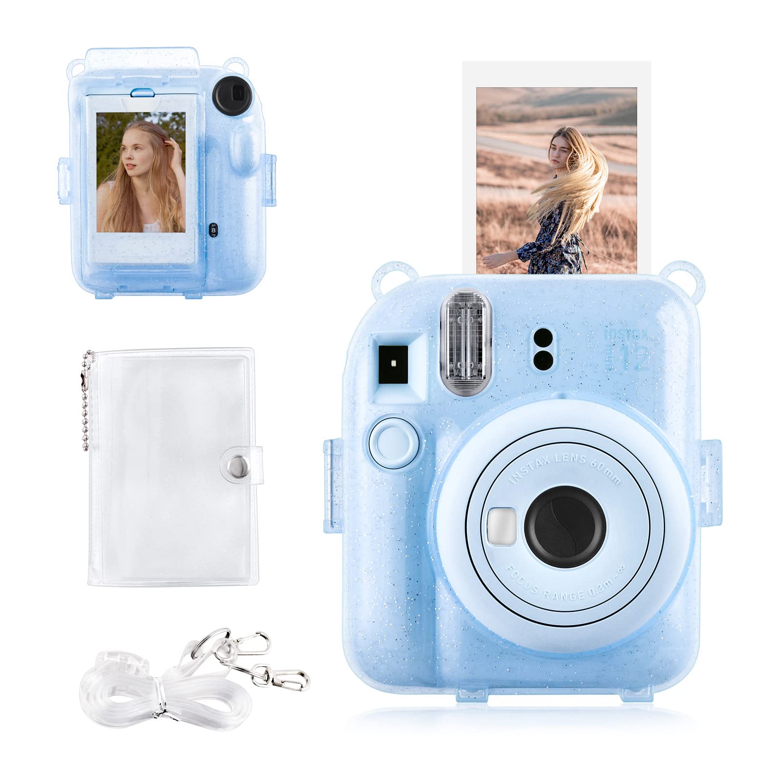 Rieibi Clear Case Compatible with Fuji Instax Mini 12 - Glitter Instax 12 Case Bag for Fujifilm Instax Mini 12 Instant Camera with Back Pocket, Strap and Photo Album - Glitter Blue