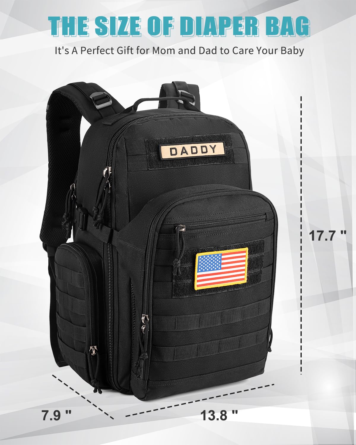 SHARKMOUTH Dad Diaper Bag Backpack - Military Baby Gear Backpacks with Daddy Patches Black