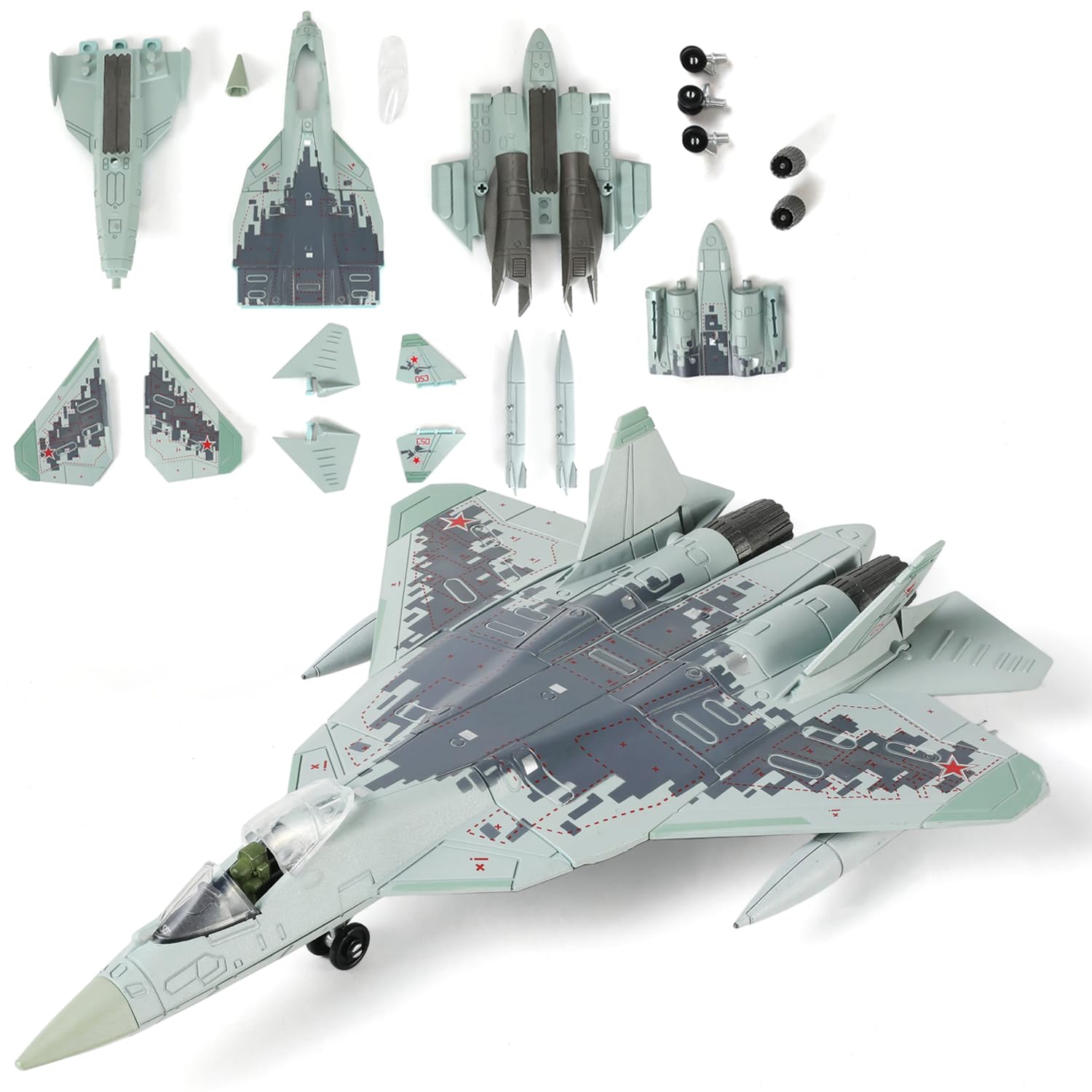 SEBUNAS SU-57 Fighter Jet, Quick Build Kit, 1:72 Scale, Military Jet, Toy Airplane, Assembly Airplane, Plastic, Aircraft Model with Stand (31 Parts)