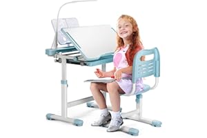 Decofy Kids Desk and Chair Set, Height Adjustable Functional Study Desk and Chair with 55° Tilt Desktop, 3 Brightness & Modes LED Lamps, Storage Drawer and Metal Hook for Girls Boys (Blue)